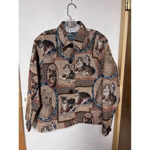 Y2K Vintage Keren Hart Tapestry Cat Print Button Up Jacket Medium